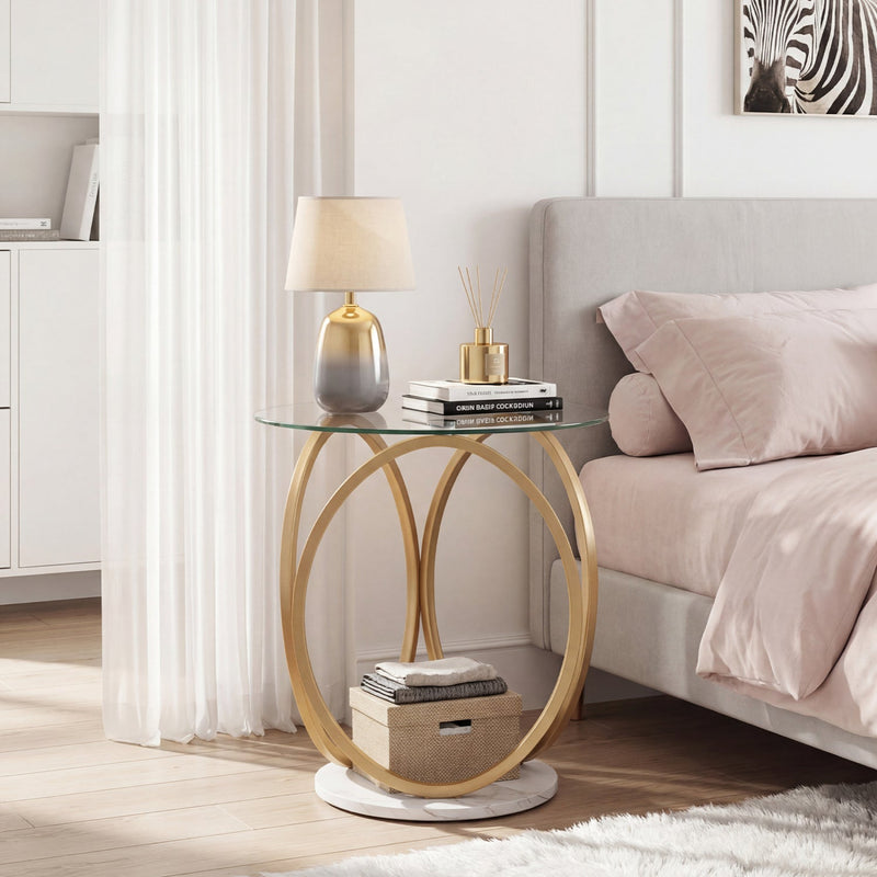 Round End Table Faux Marble Side Table with Tempered Glass Tabletop by DirectDeals
