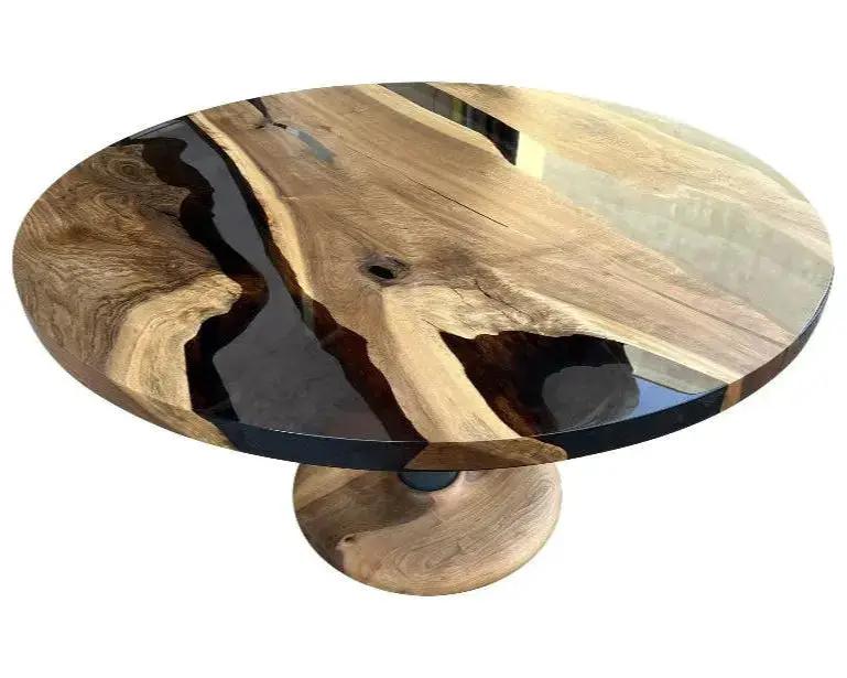 Custom Round Epoxy Resin Walnut Dining - Kitchen Table With Wood Base by Gizz