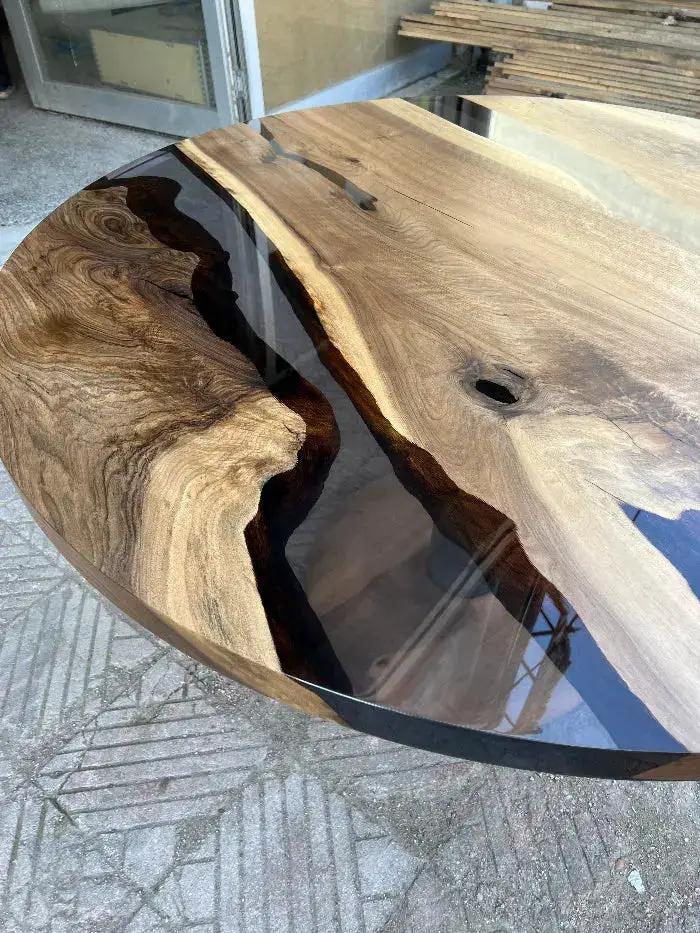 Custom Round Epoxy Resin Walnut Dining - Kitchen Table With Wood Base, detail 2