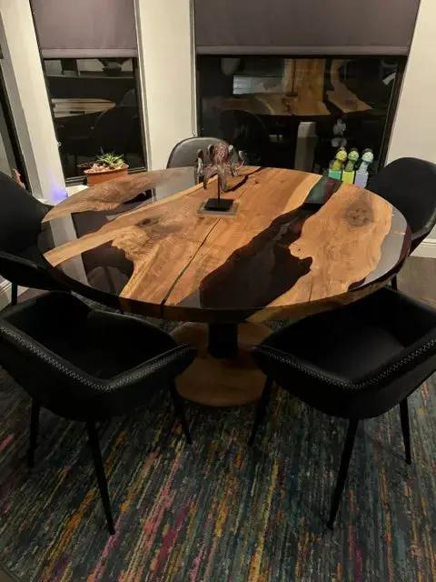 Custom Round Epoxy Resin Walnut Dining - Kitchen Table With Wood Base, photo 5 of 24