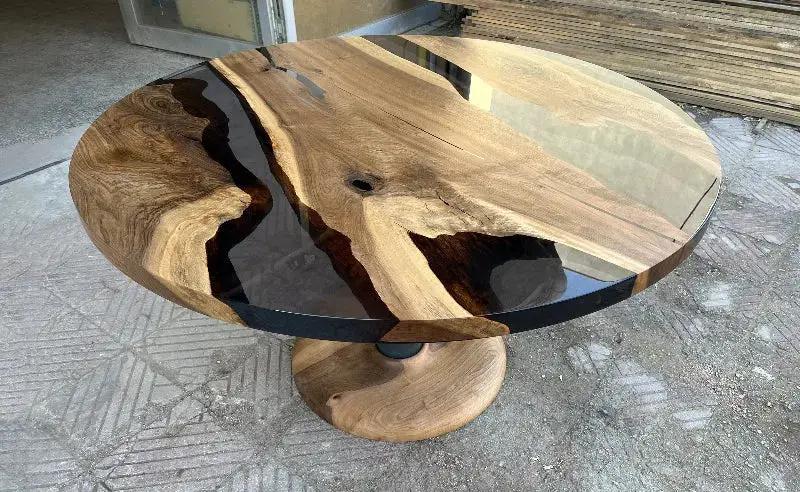 Custom Round Epoxy Resin Walnut Dining - Kitchen Table With Wood Base, photo 2 of 24