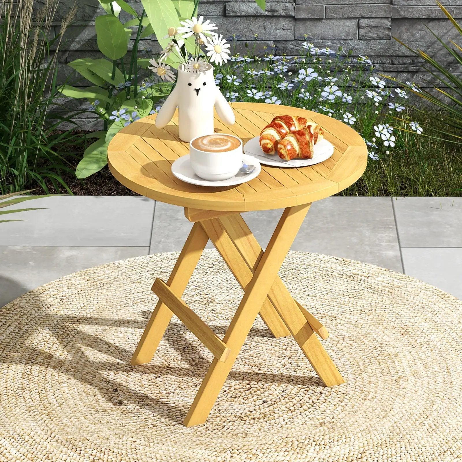 Portable and Compact Outdoor End Table with X-shaped Legs and Slatted Tabletop by DirectDeals