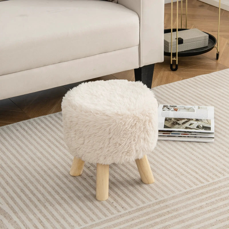 Round Footstool Ottoman Faux Fur Footrest with Padded Seat and Rubber Wood Legs-White by DirectDeals