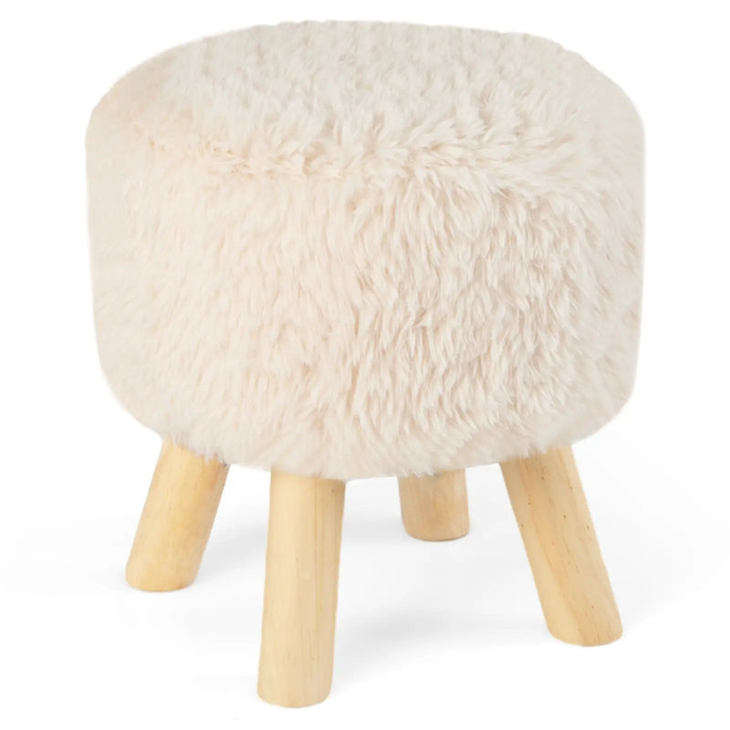 Round Footstool Ottoman Faux Fur Footrest with Padded Seat and Rubber Wood Legs-White by DirectDeals
