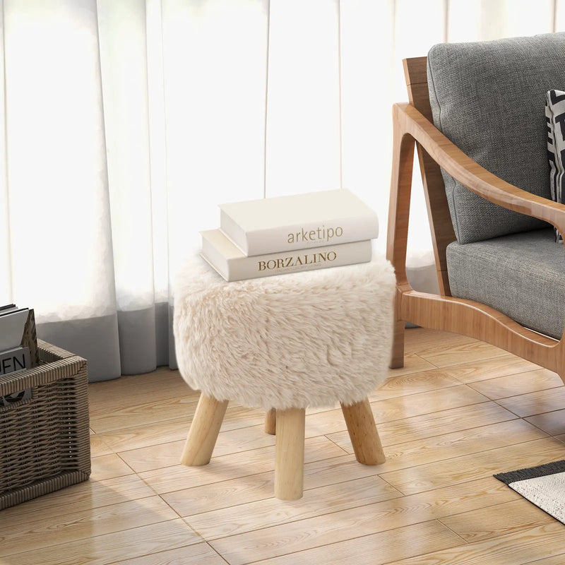 Round Footstool Ottoman Faux Fur Footrest with Padded Seat and Rubber Wood Legs-White by DirectDeals