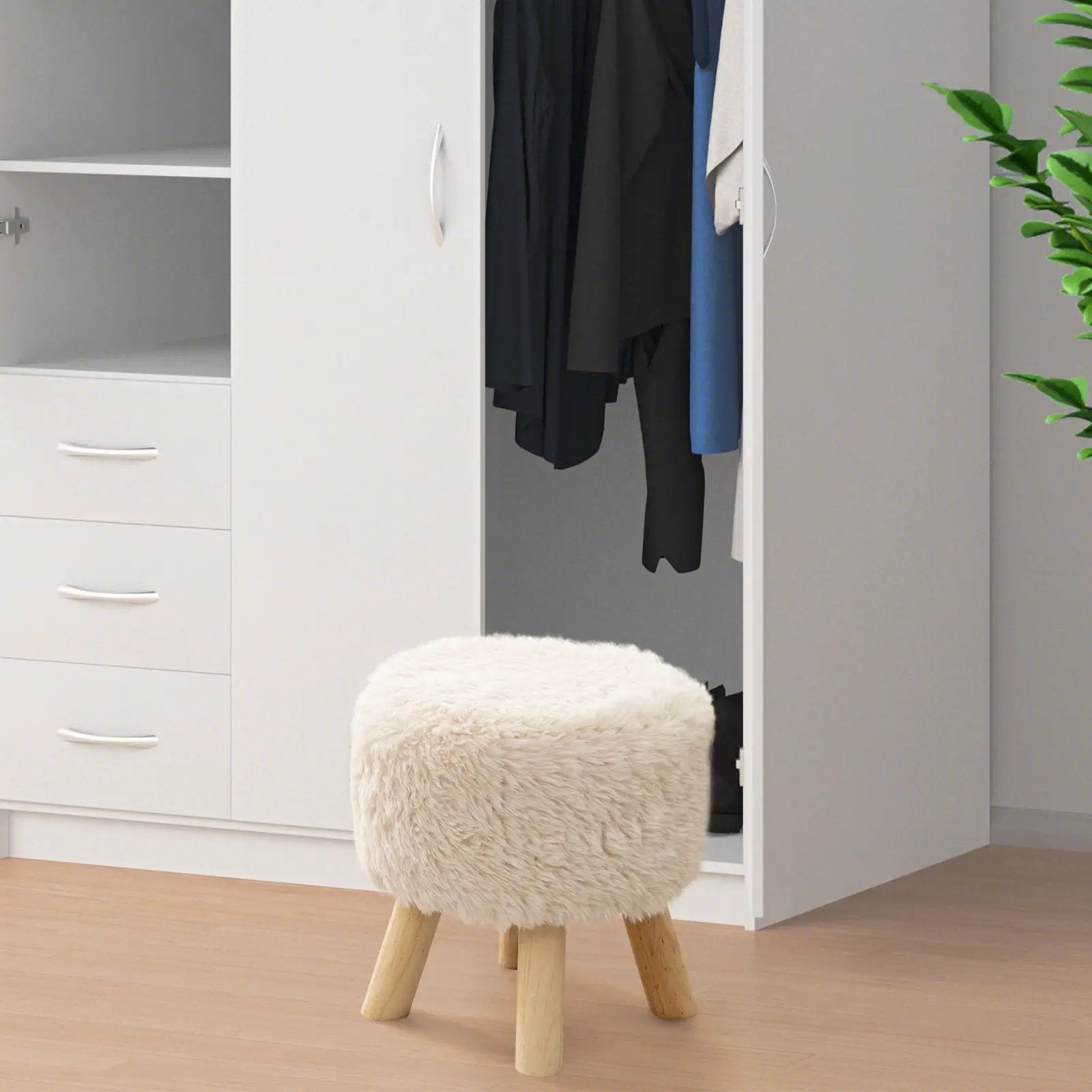Round Footstool Ottoman Faux Fur Footrest with Padded Seat and Rubber Wood Legs-White by DirectDeals