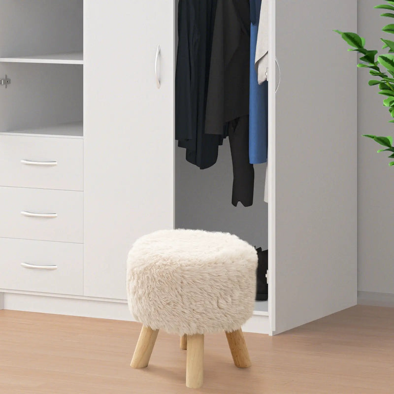 Round Footstool Ottoman Faux Fur Footrest with Padded Seat and Rubber Wood Legs-White by DirectDeals