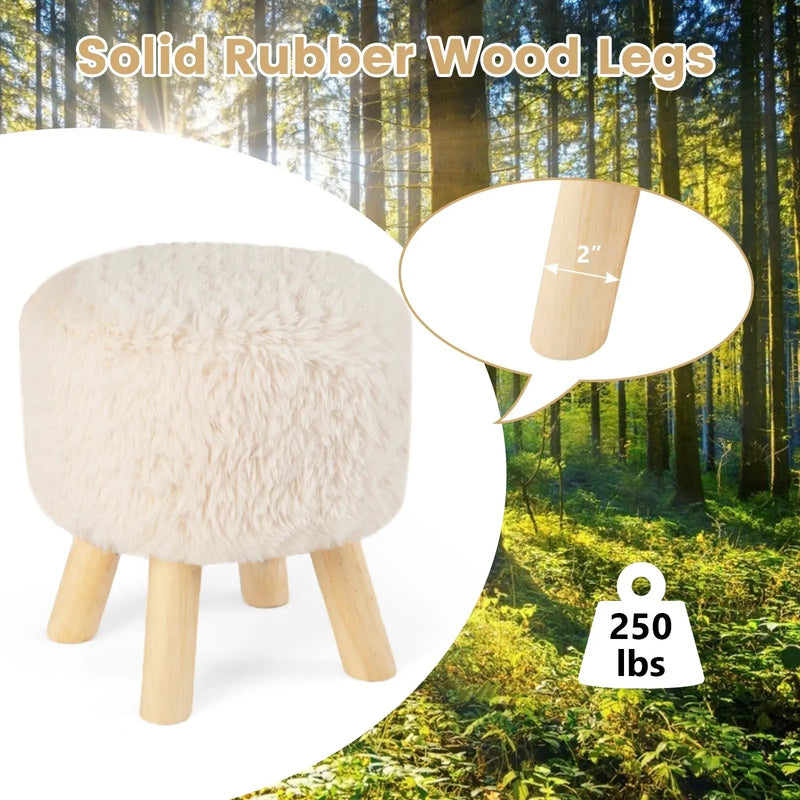 Round Footstool Ottoman Faux Fur Footrest with Padded Seat and Rubber Wood Legs-White by DirectDeals