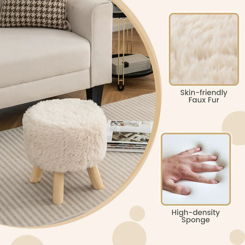 Round Footstool Ottoman Faux Fur Footrest with Padded Seat and Rubber Wood Legs-White by DirectDeals
