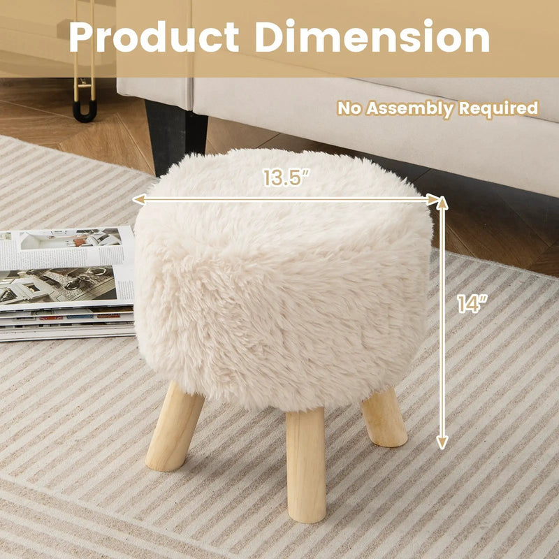 Round Footstool Ottoman Faux Fur Footrest with Padded Seat and Rubber Wood Legs-White by DirectDeals