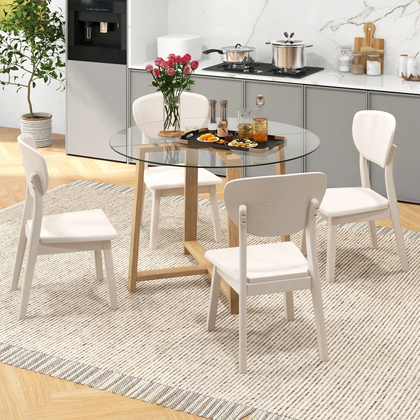 42 Inches Round Glass Dining Table with Tempered Glass Tabletop and Rubber Wood Legs-Natural by DirectDeals