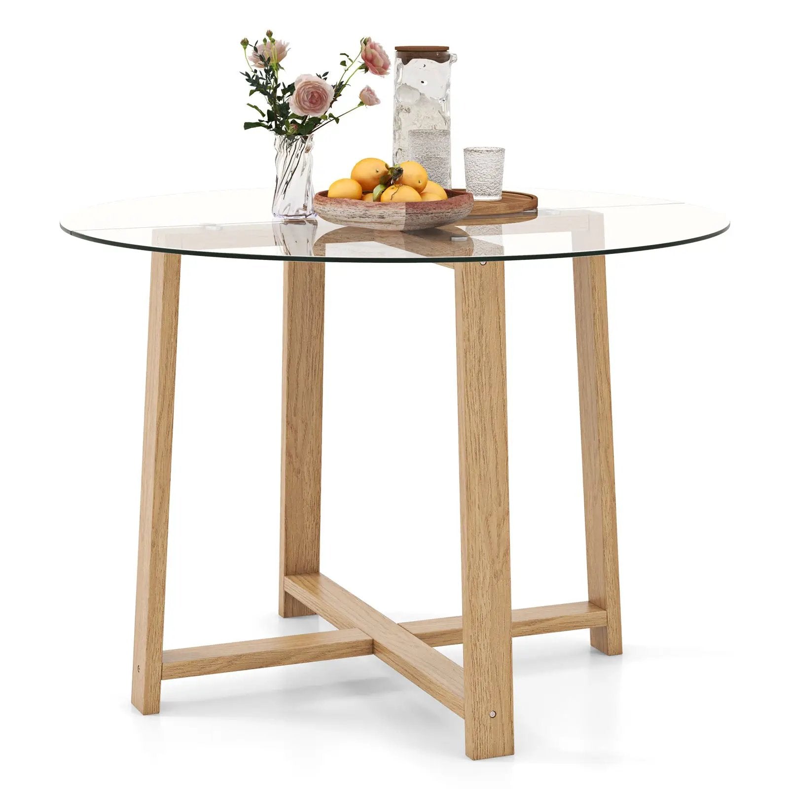 42 Inches Round Glass Dining Table with Tempered Glass Tabletop and Rubber Wood Legs-Natural by DirectDeals