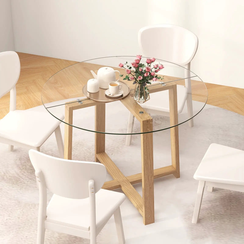 42 Inches Round Glass Dining Table with Tempered Glass Tabletop and Rubber Wood Legs-Natural by DirectDeals
