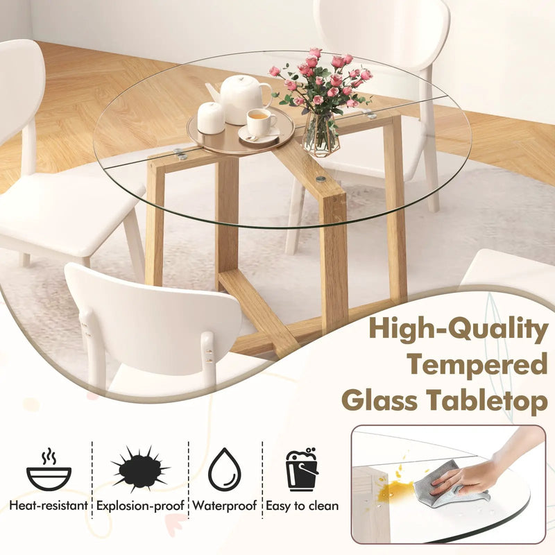 42 Inches Round Glass Dining Table with Tempered Glass Tabletop and Rubber Wood Legs-Natural by DirectDeals