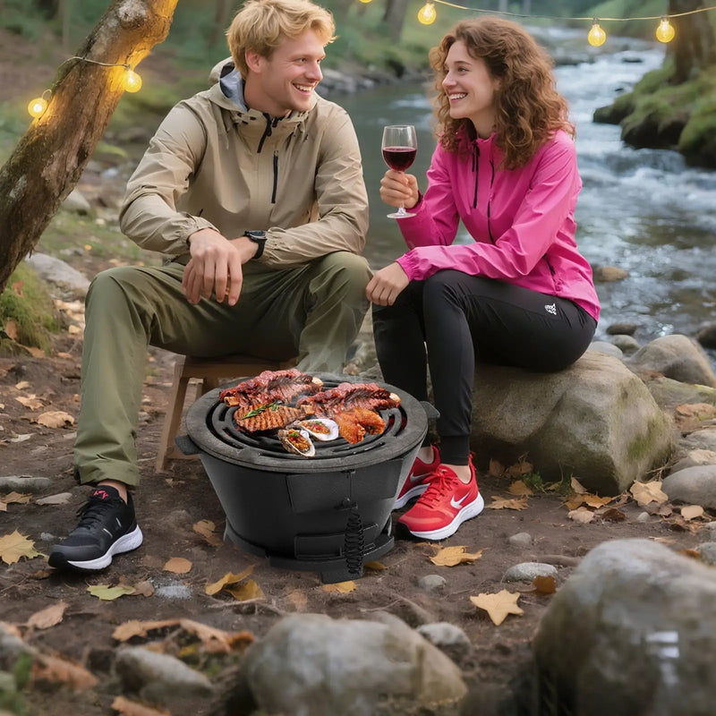 Round Hibachi Grill Outdoor Portable Charcoal Stove with 12 Inch Double-Sided Grate-Black by DirectDeals