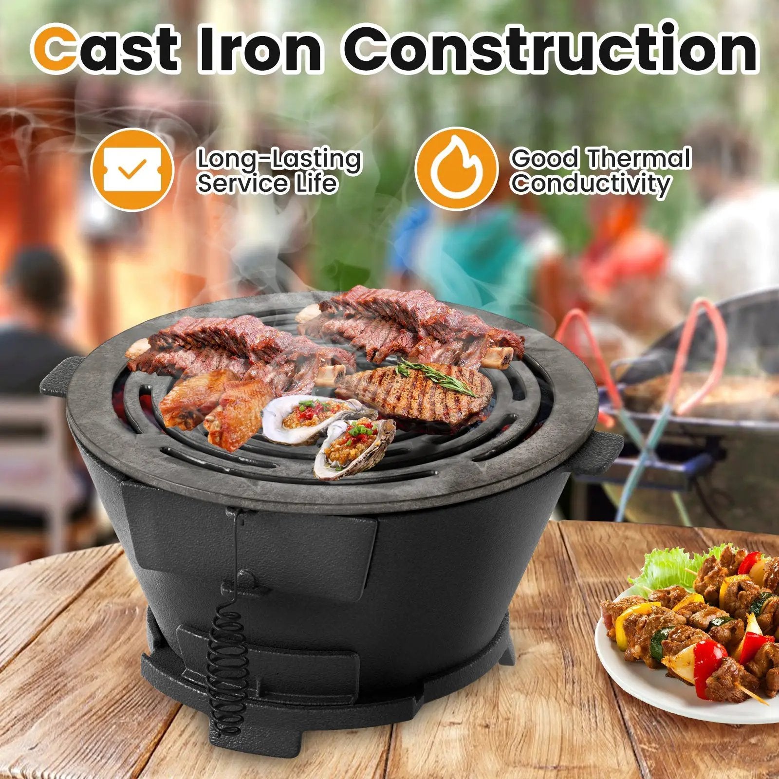 Round Hibachi Grill Outdoor Portable Charcoal Stove with 12 Inch Double-Sided Grate-Black by DirectDeals
