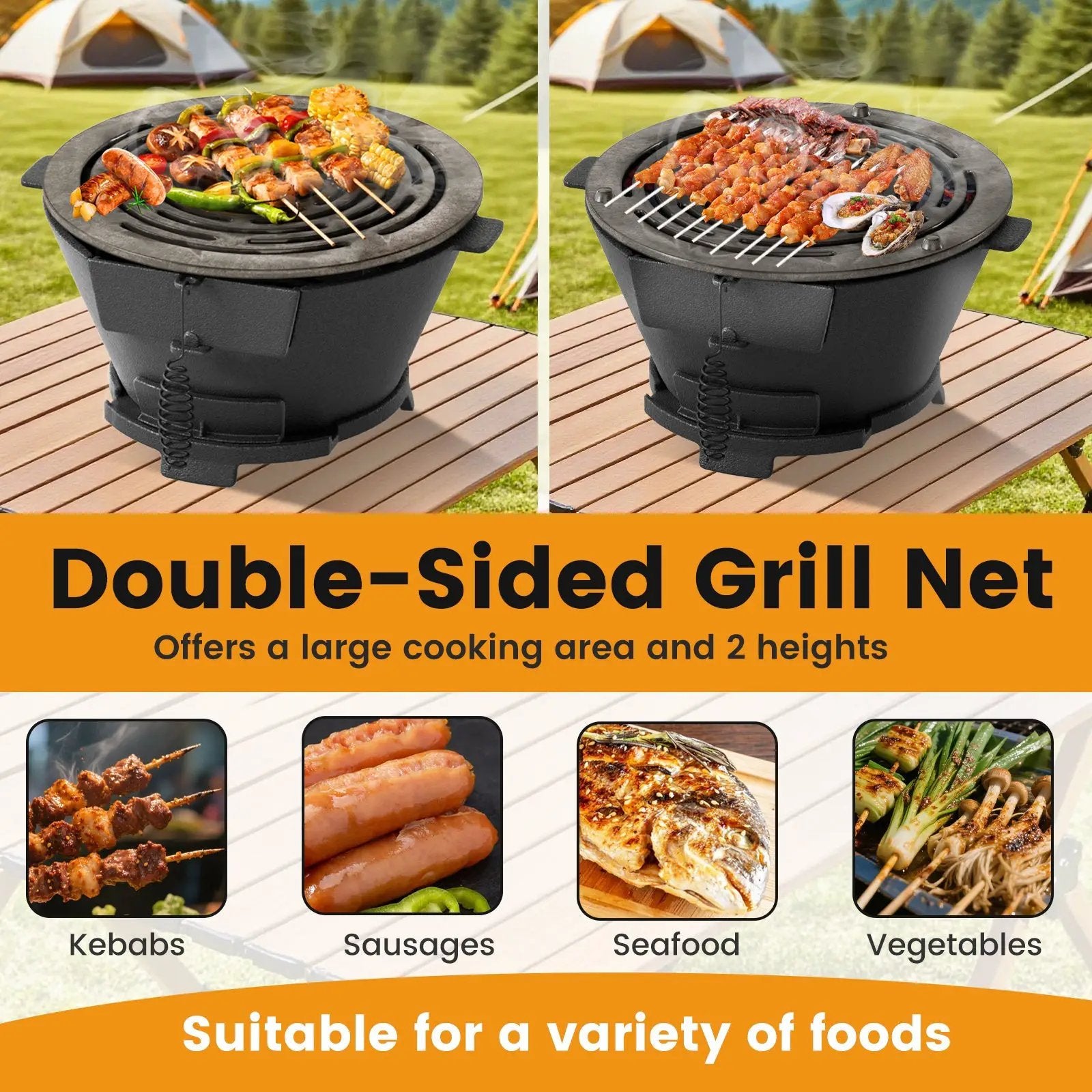 Round Hibachi Grill Outdoor Portable Charcoal Stove with 12 Inch Double-Sided Grate-Black by DirectDeals