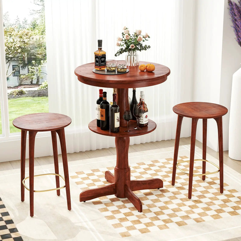 2-Tier Round High Top Bar Table with Storage Shelf and Pedestal Base-Espresso by DirectDeals