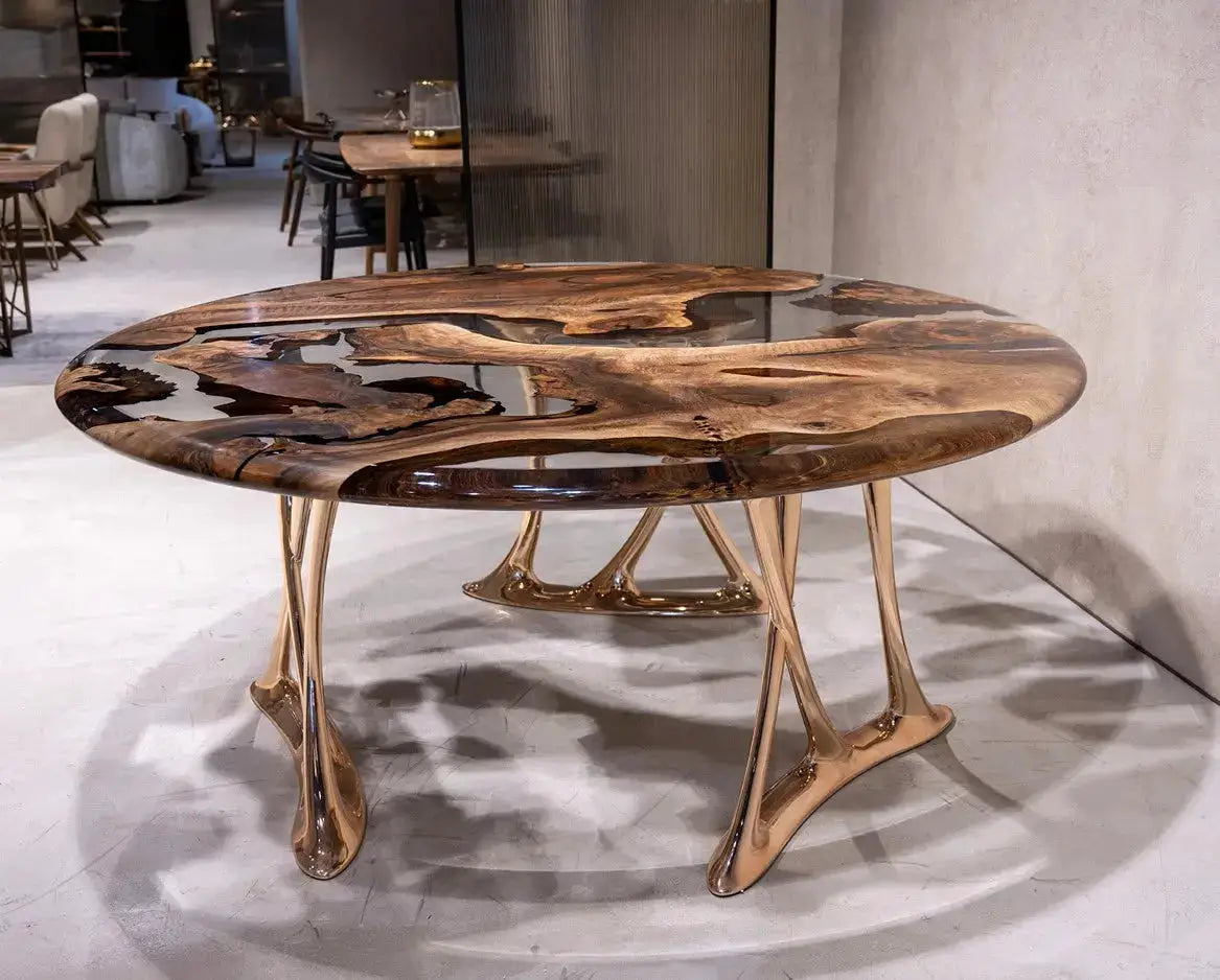 Luxury Round Walnut Dining Table with Rose Gold Aluminum Legs, photo 4 of 5
