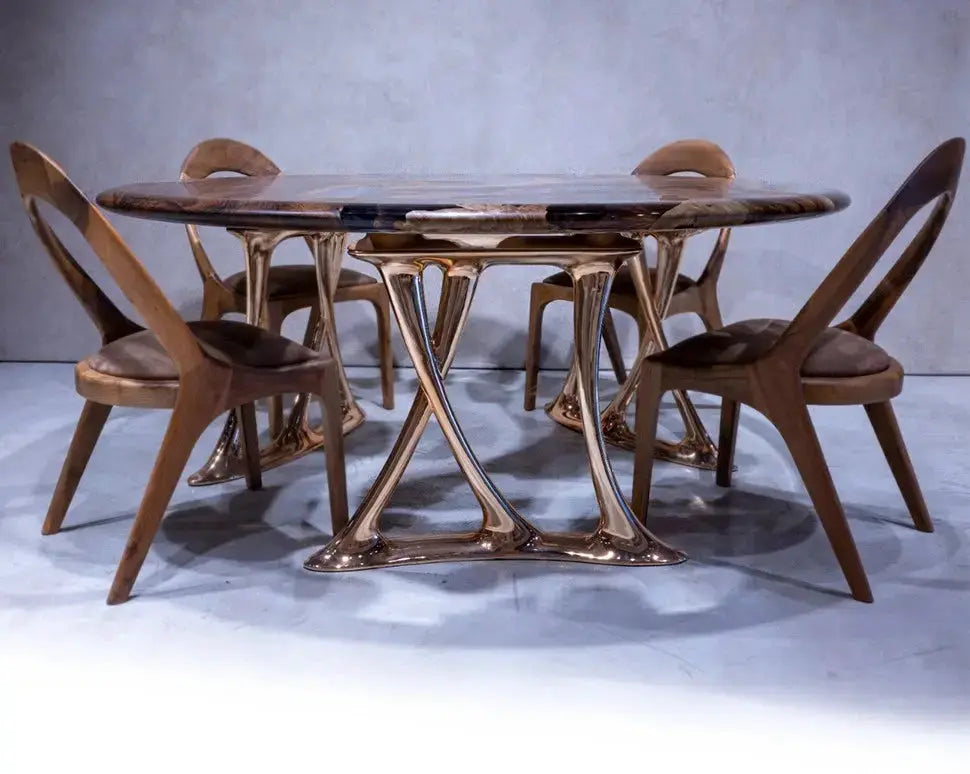 Luxury Round Walnut Dining Table with Rose Gold Aluminum Legs, photo 2 of 5