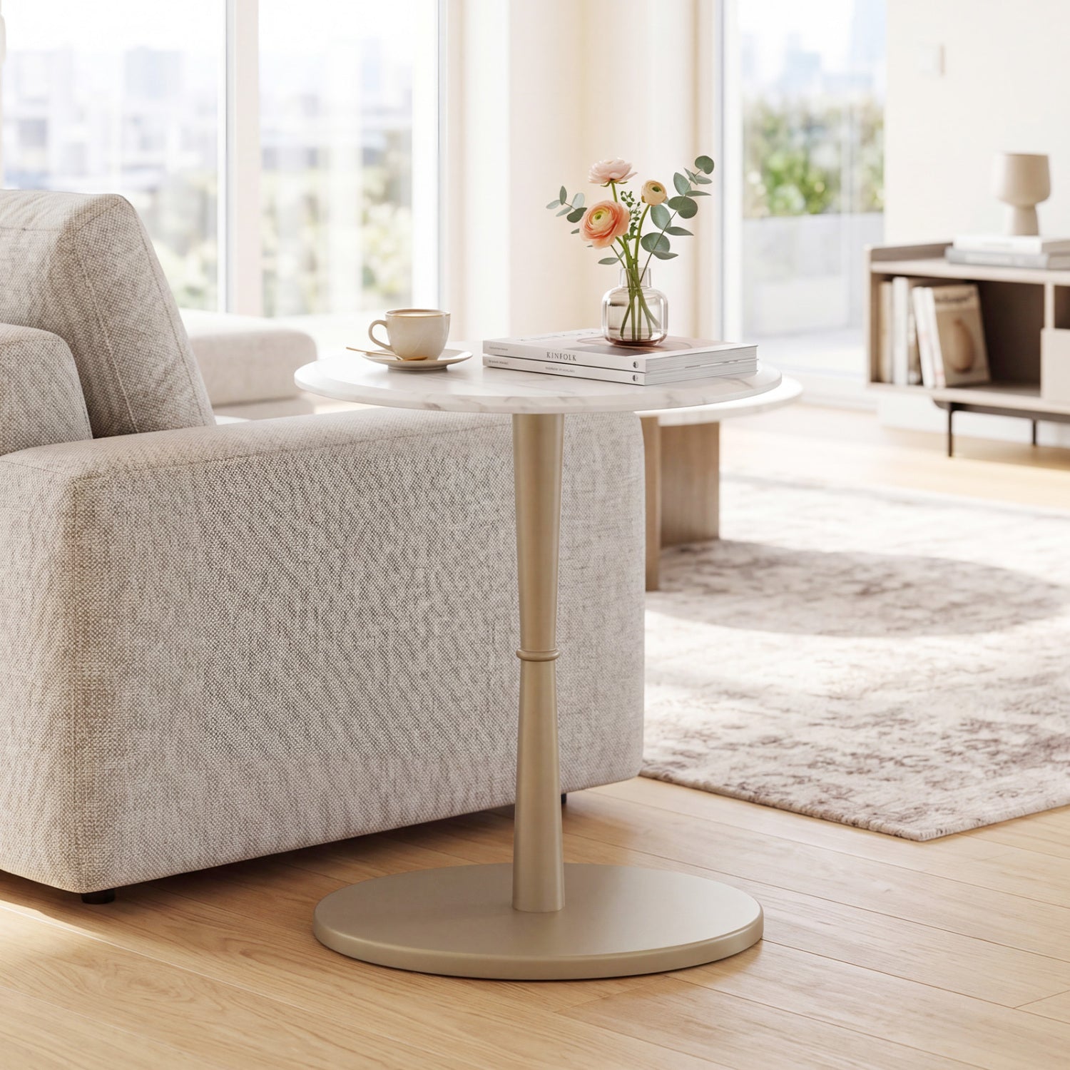 Round Marble Side Table with Stone Finish and Wooden Base for Small Spaces by DirectDeals
