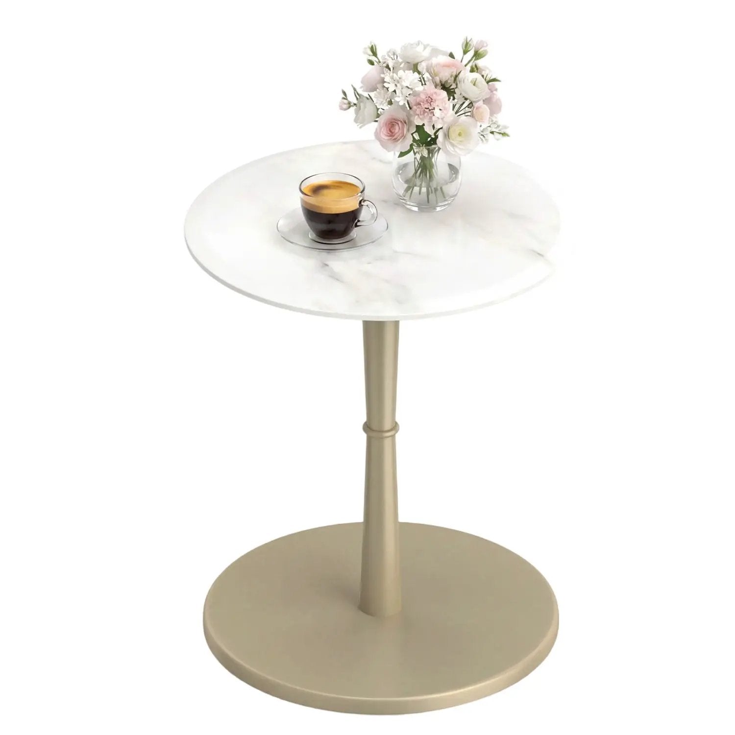 Round Marble Side Table with Stone Finish and Wooden Base for Small Spaces by DirectDeals