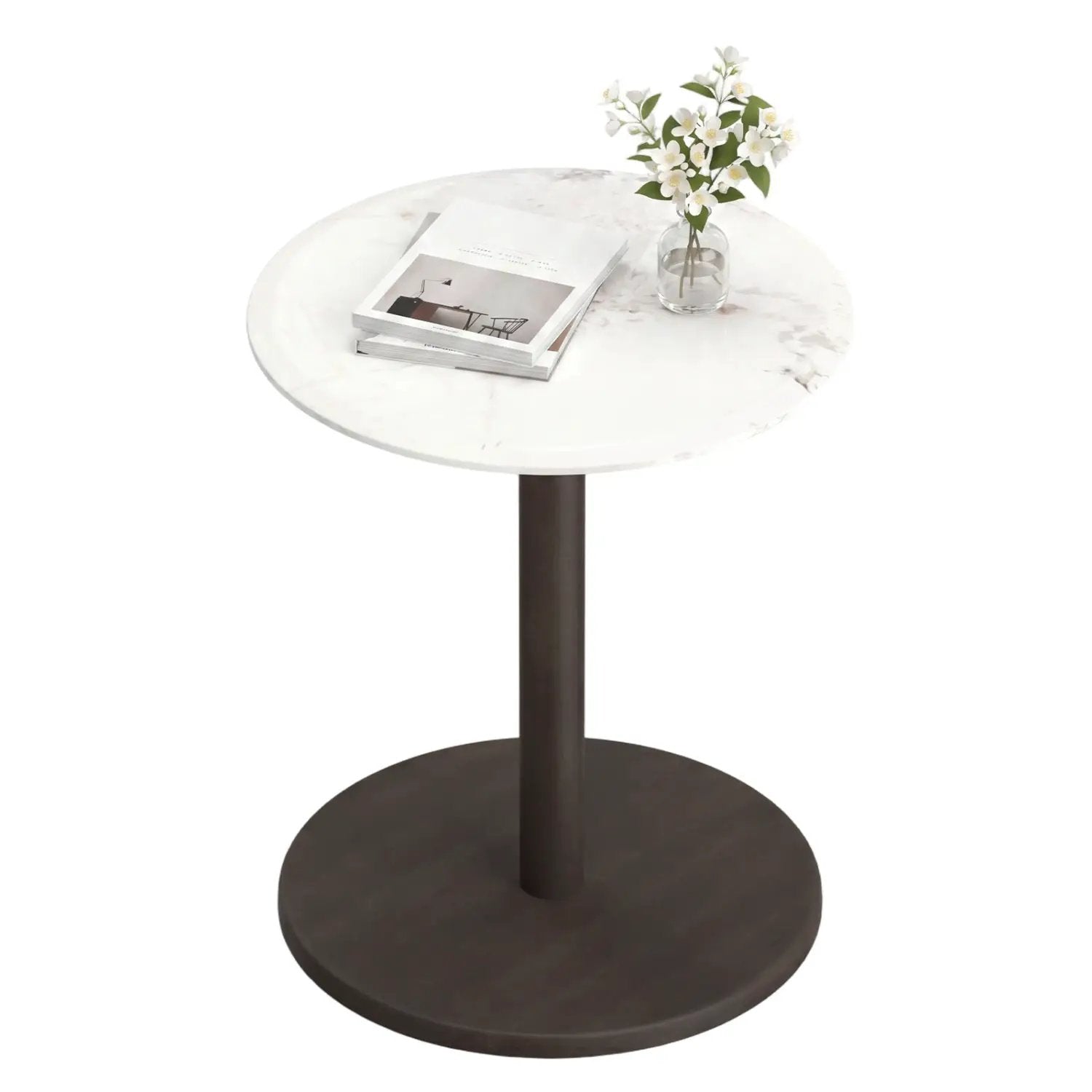 Round Marble Side Table Pedestal End Table with Stone Finish and Wooden by DirectDeals