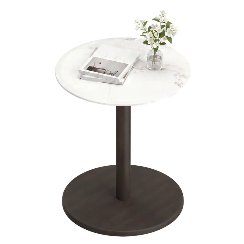 Round Marble Side Table Pedestal End Table with Stone Finish and Wooden by DirectDeals