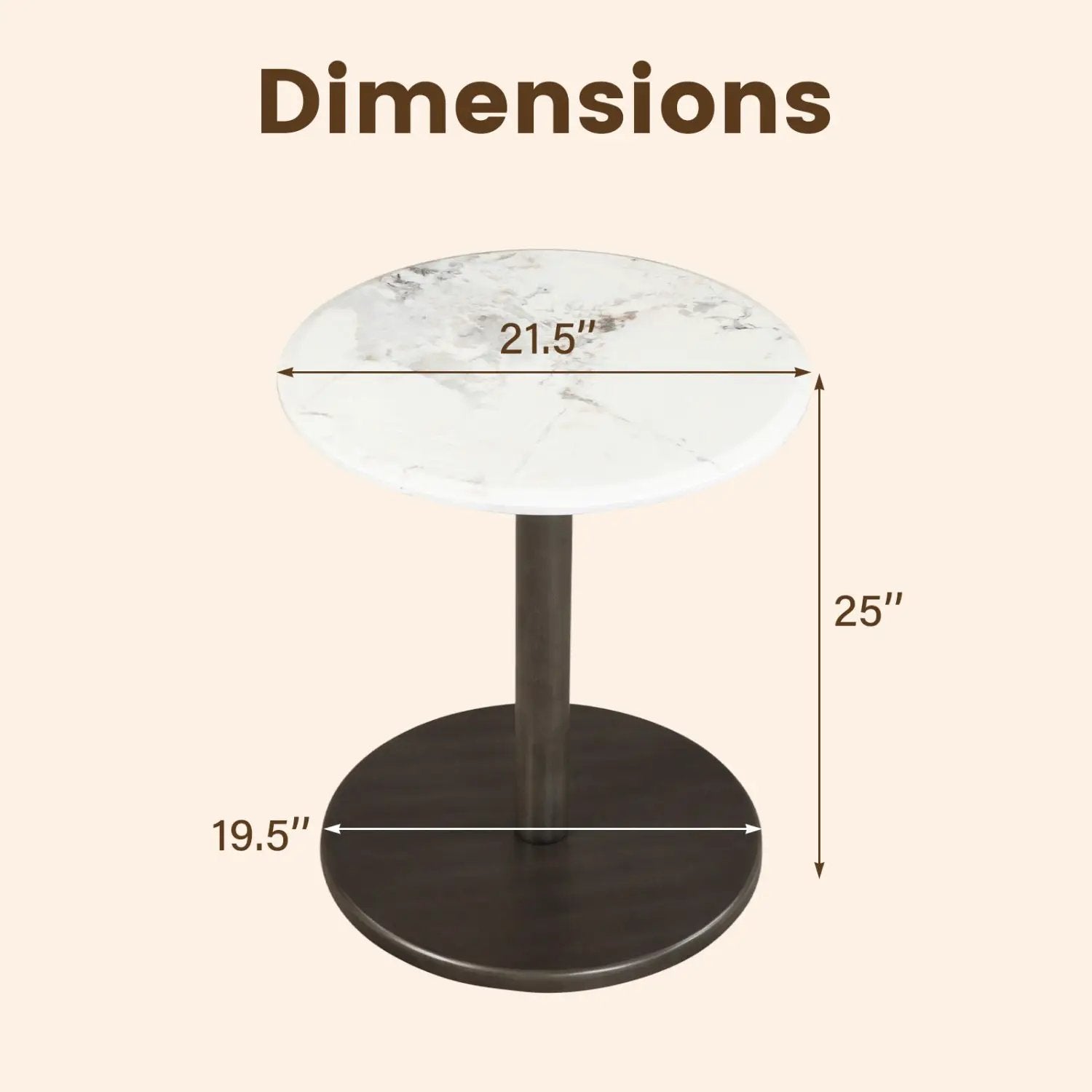 Round Marble Side Table Pedestal End Table with Stone Finish and Wooden by DirectDeals