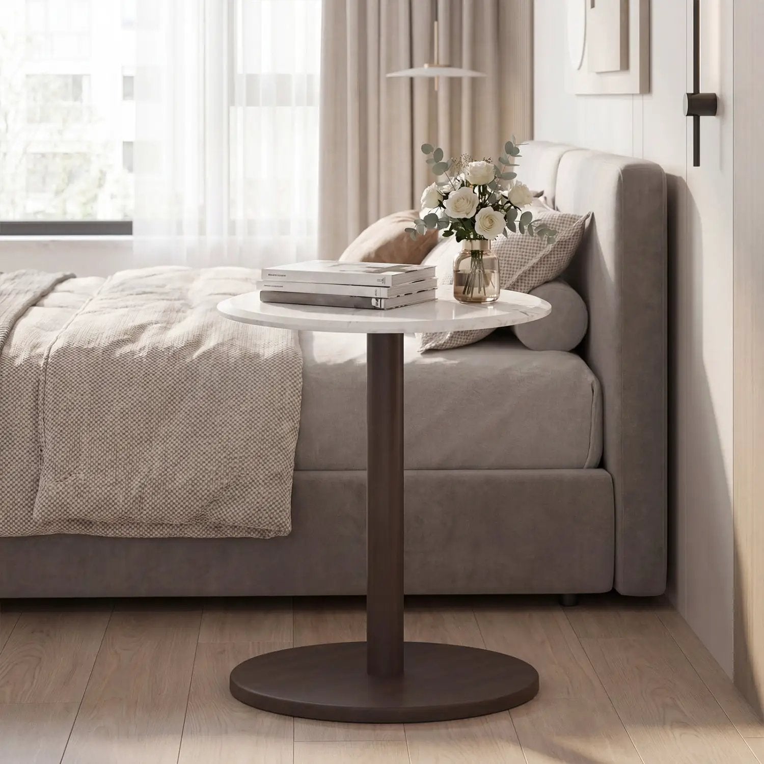 Round Marble Side Table Pedestal End Table with Stone Finish and Wooden by DirectDeals