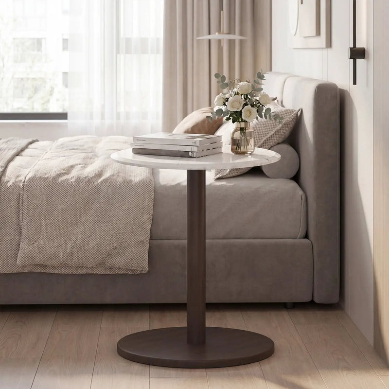 Round Marble Side Table Pedestal End Table with Stone Finish and Wooden by DirectDeals