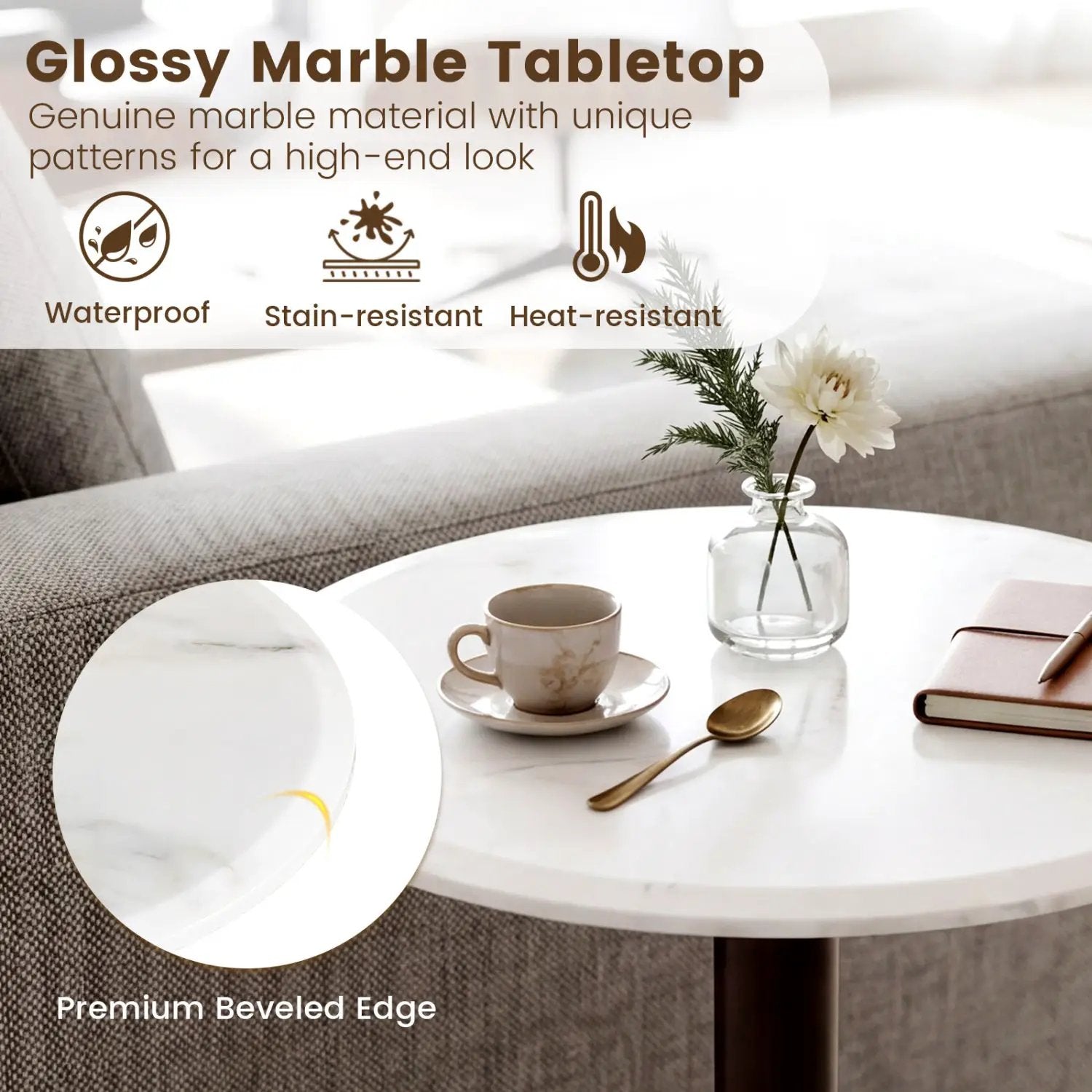Round Marble Side Table Pedestal End Table with Stone Finish and Wooden by DirectDeals