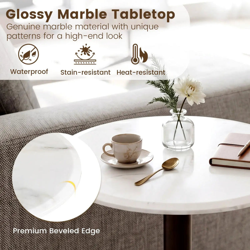 Round Marble Side Table Pedestal End Table with Stone Finish and Wooden by DirectDeals
