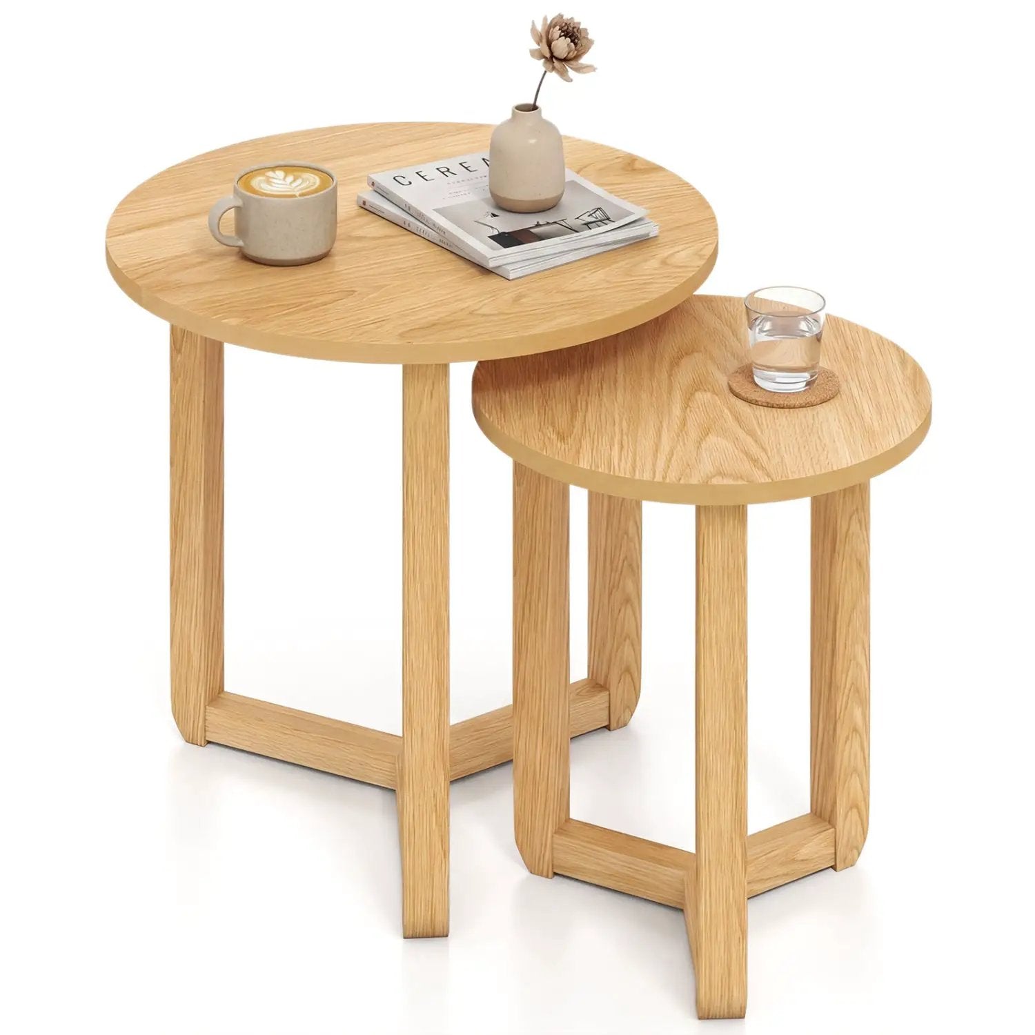Round Nesting Coffee Table Set of 2 Wood Nesting End Tables with Thickened Top by DirectDeals