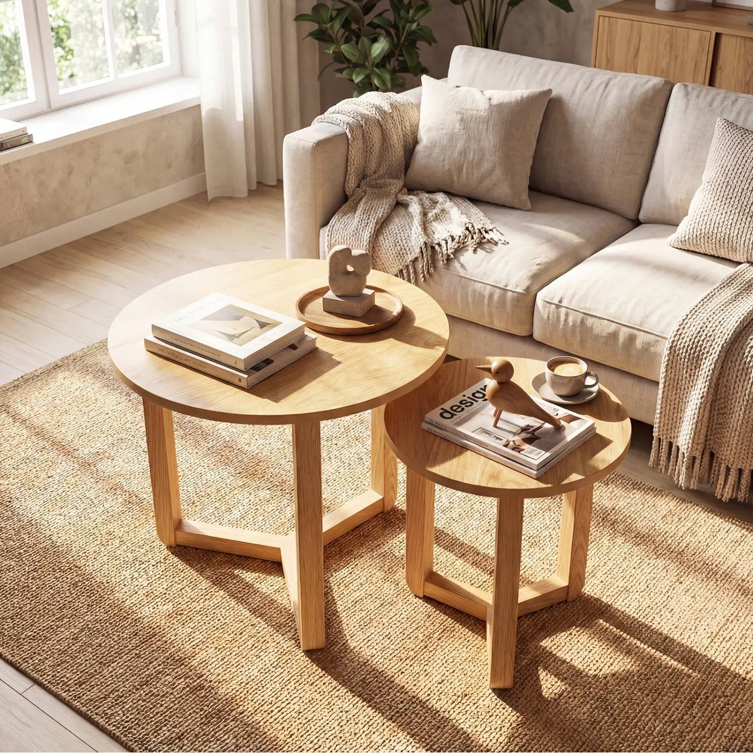 Round Nesting Coffee Table Set of 2 Wood Nesting End Tables with Thickened Top by DirectDeals