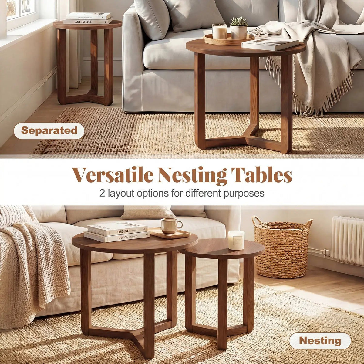 Round Nesting Coffee Table Set of 2 Wood Nesting End Tables with Thickened Top, photo 7 of 16