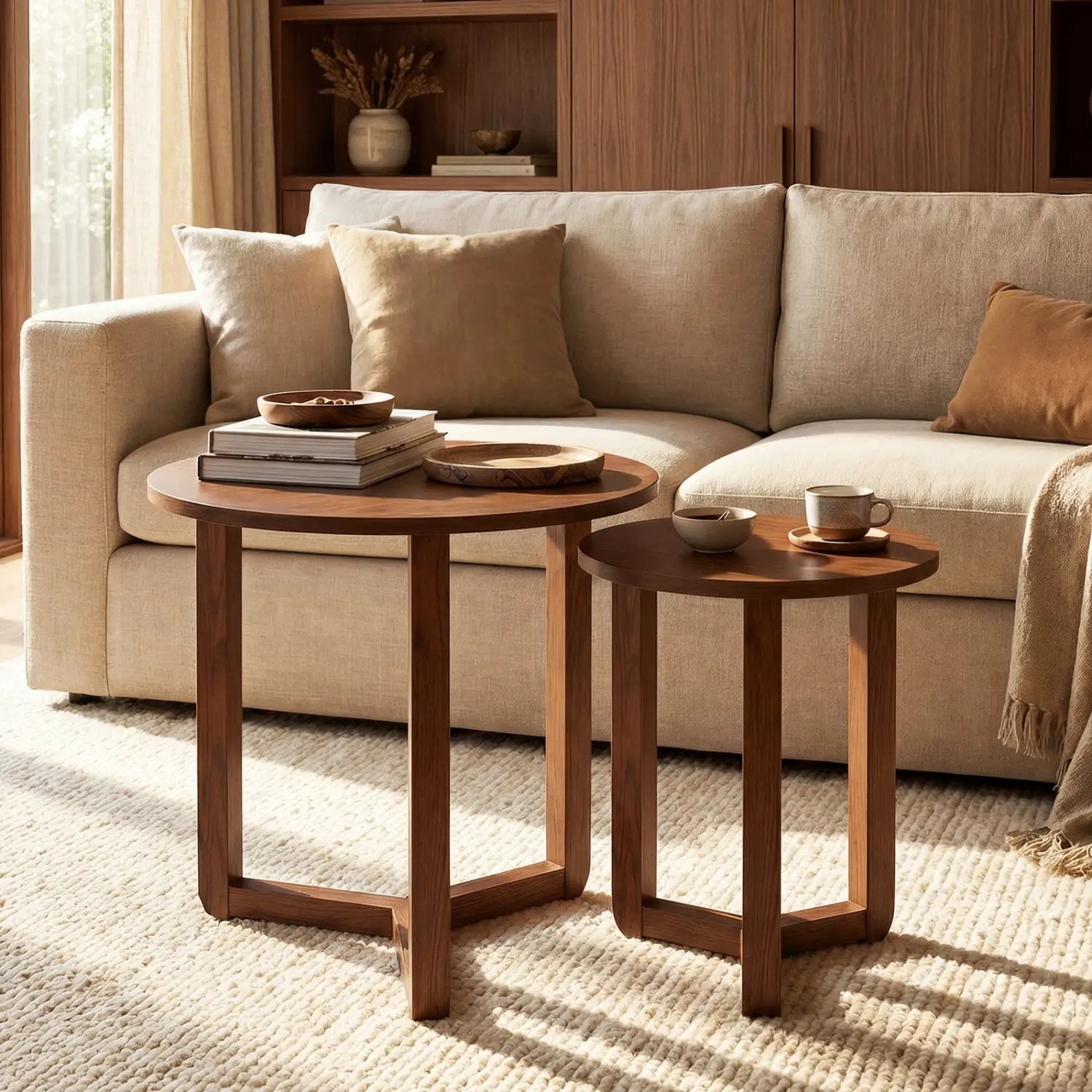 Round Nesting Coffee Table Set of 2 Wood Nesting End Tables with Thickened Top by DirectDeals