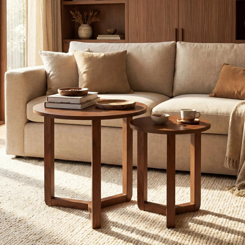 Round Nesting Coffee Table Set of 2 Wood Nesting End Tables with Thickened Top by DirectDeals