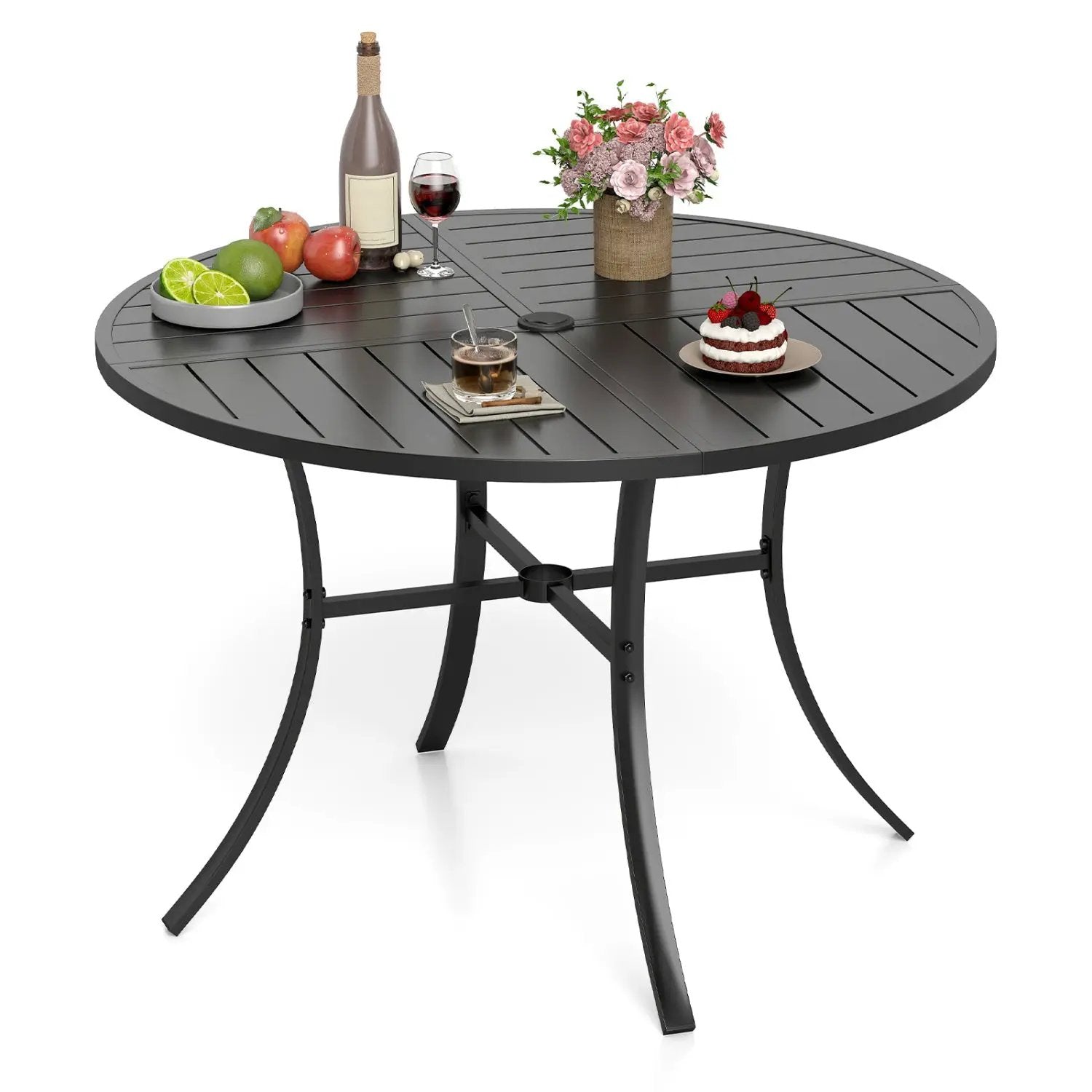 Round Patio Dining Table 42.5 Inch Metal Slat Table with Umbrella Hole by DirectDeals