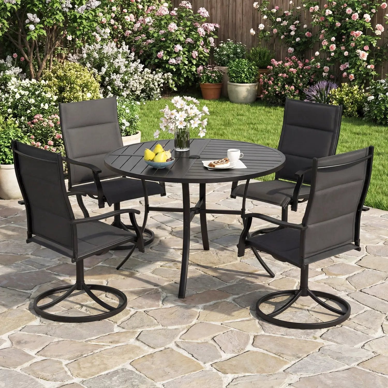Round Patio Dining Table 42.5 Inch Metal Slat Table with Umbrella Hole by DirectDeals