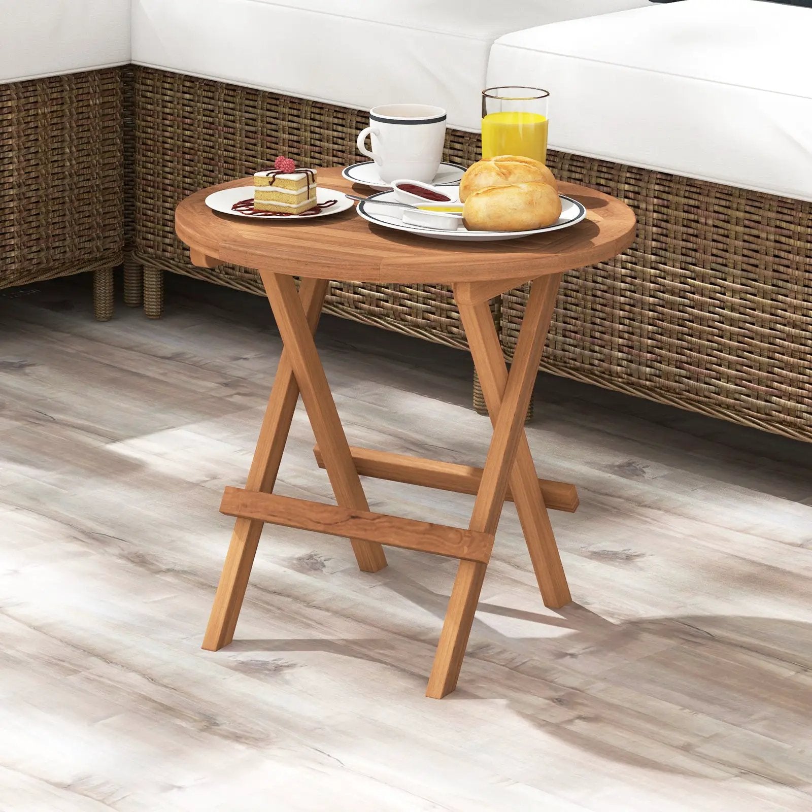 Round Patio Folding Coffee Table Indonesia Teak Wood with Slatted Tabletop by DirectDeals