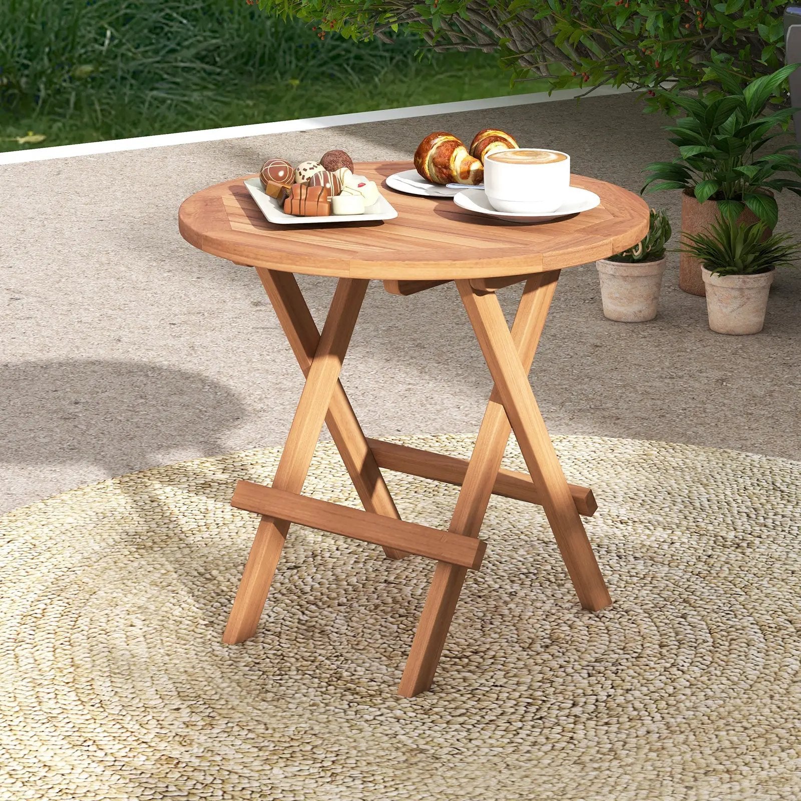 Round Patio Folding Coffee Table Indonesia Teak Wood with Slatted Tabletop by DirectDeals