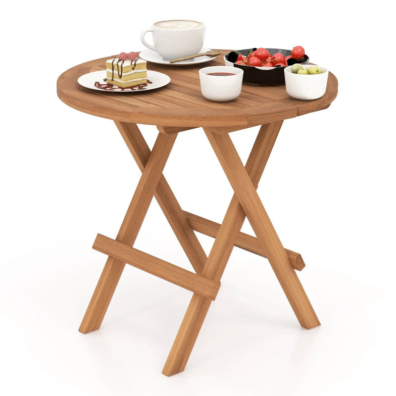 Round Patio Folding Coffee Table Indonesia Teak Wood with Slatted Tabletop by DirectDeals