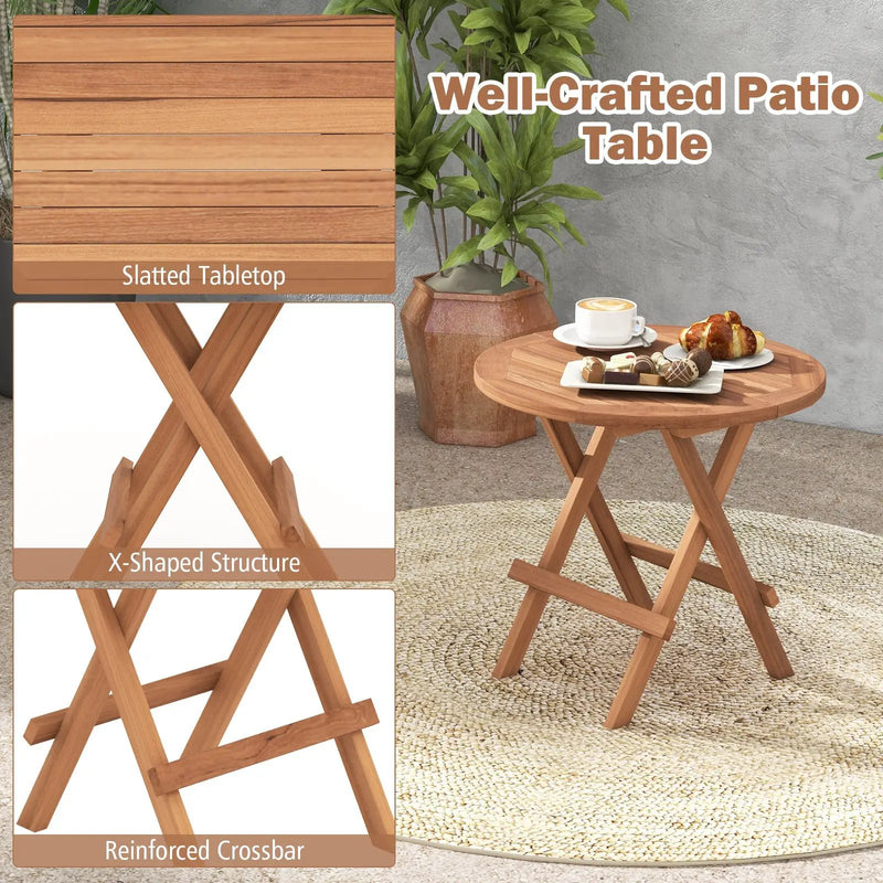 Round Patio Folding Coffee Table Indonesia Teak Wood with Slatted Tabletop by DirectDeals