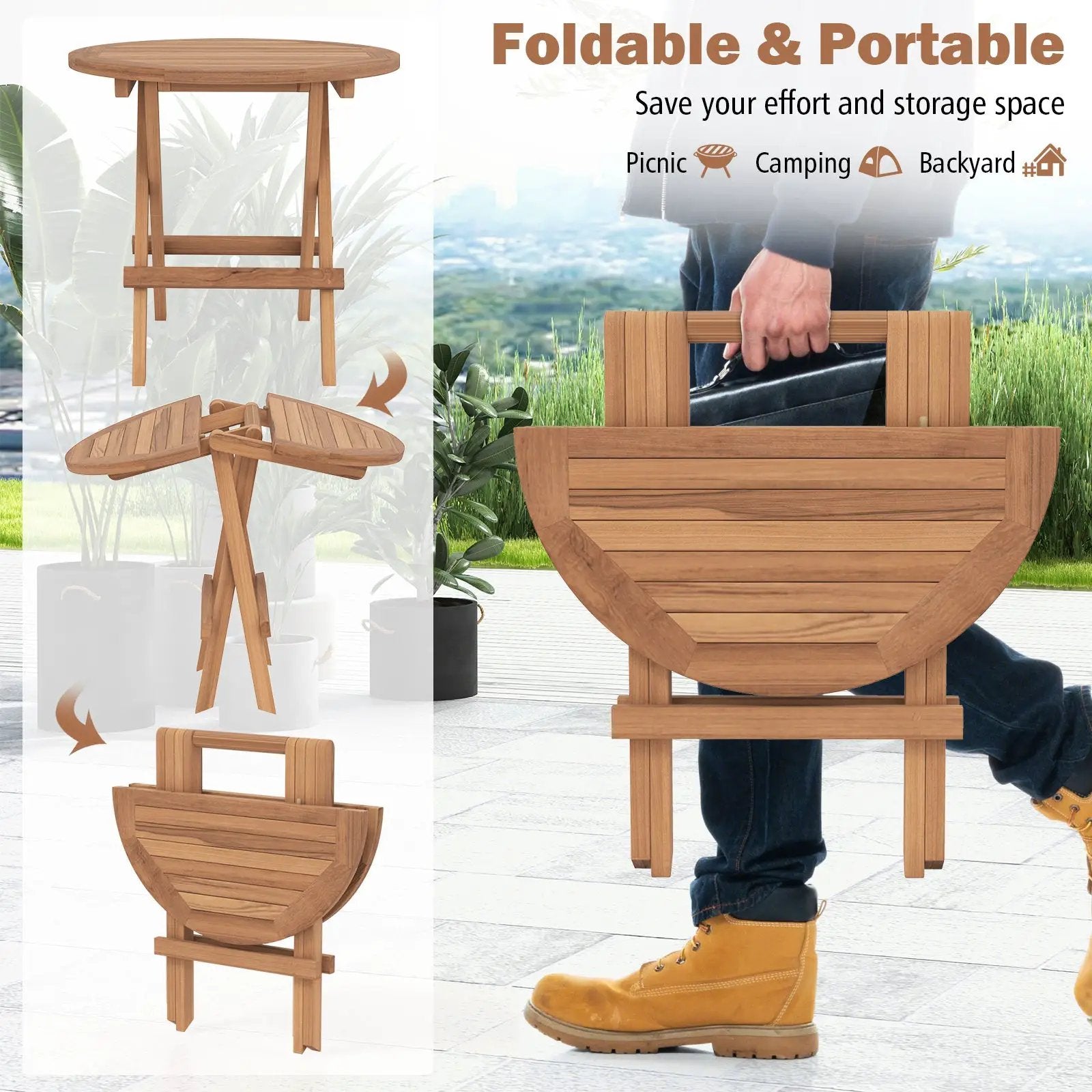 Round Patio Folding Coffee Table Indonesia Teak Wood with Slatted Tabletop by DirectDeals