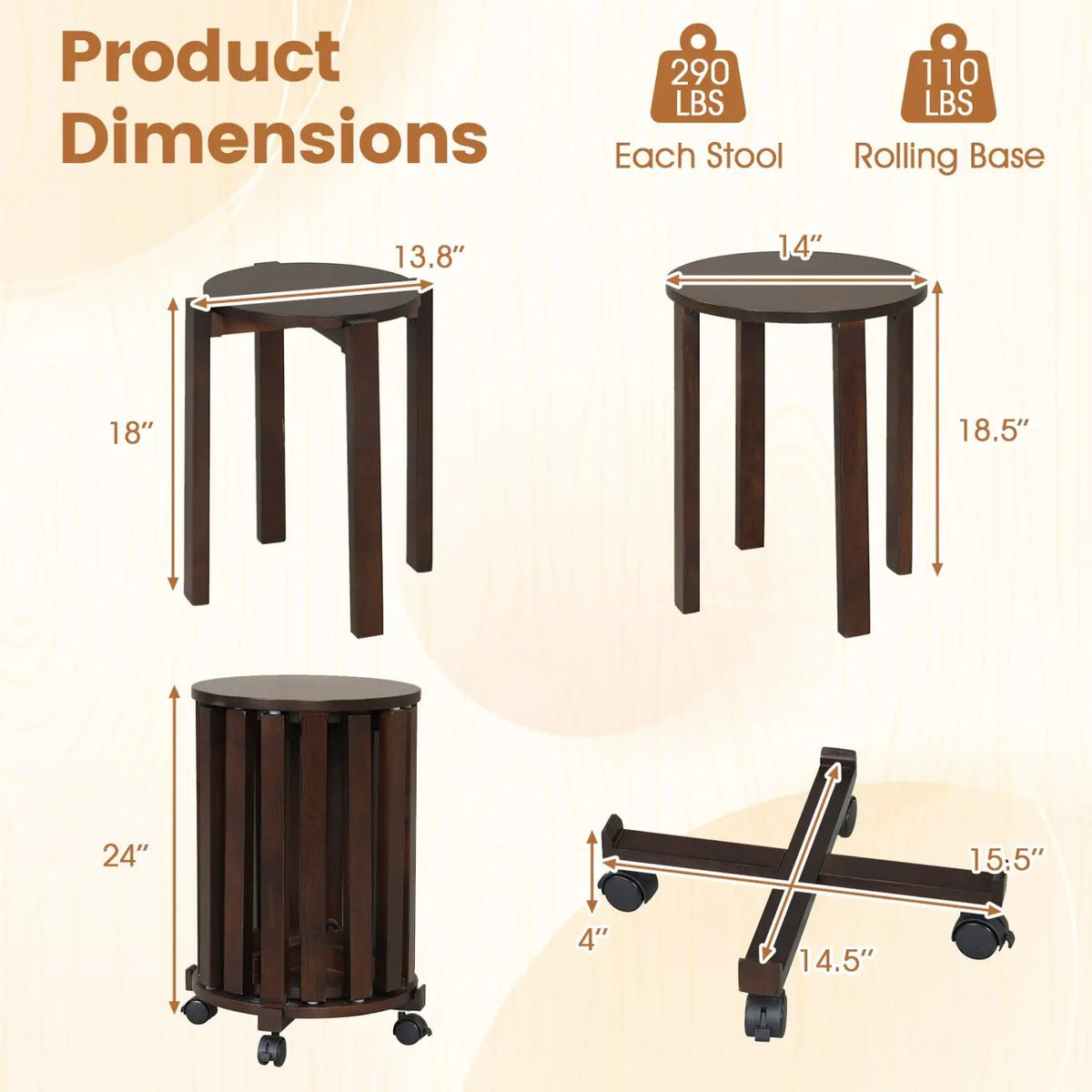 Round Portable Wood Nesting Stools with Locking Casters, photo 5 of 16