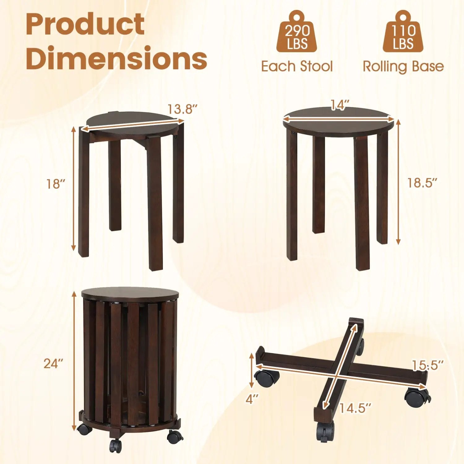 Round Portable Wood Nesting Stools with Locking Casters by DirectDeals