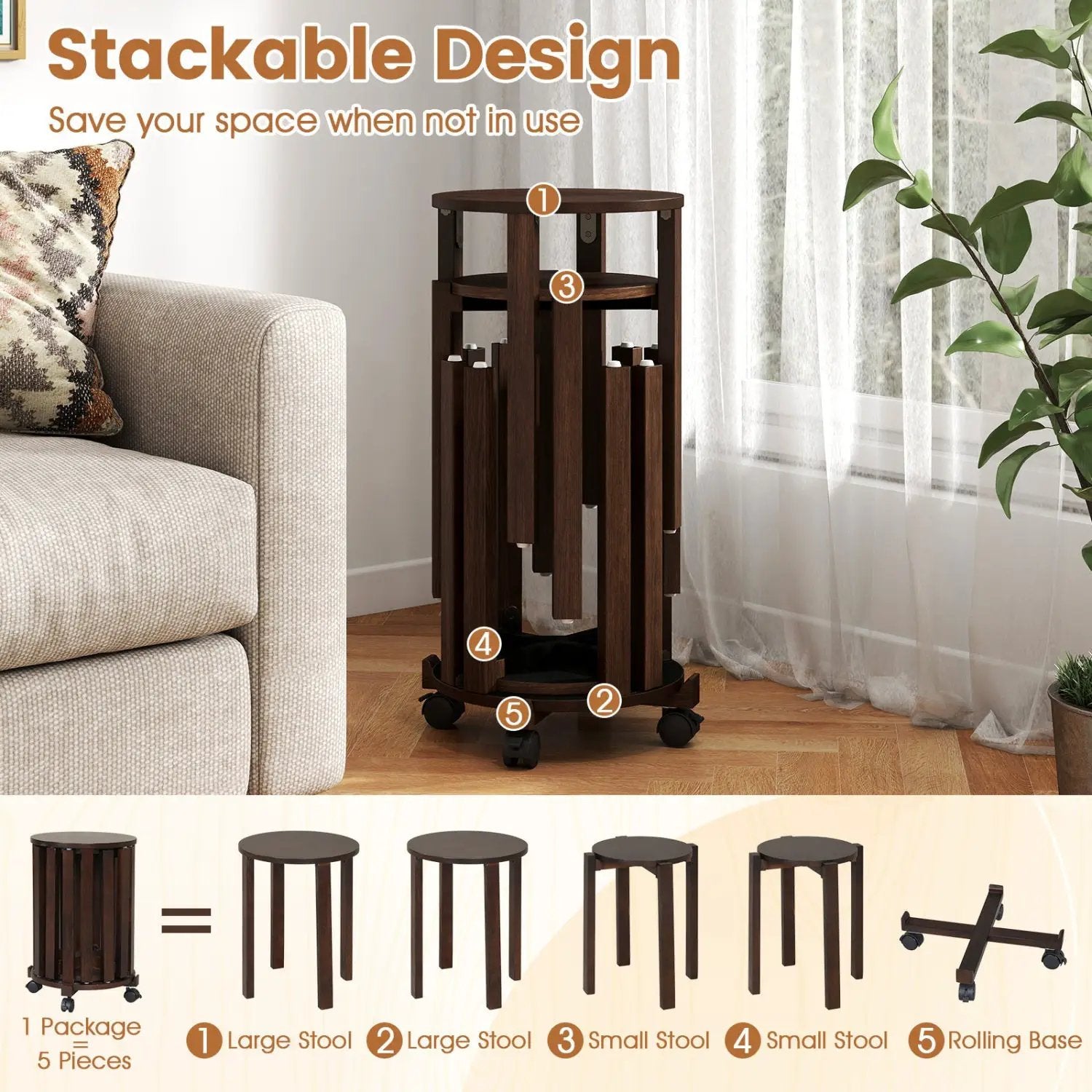 Round Portable Wood Nesting Stools with Locking Casters by DirectDeals