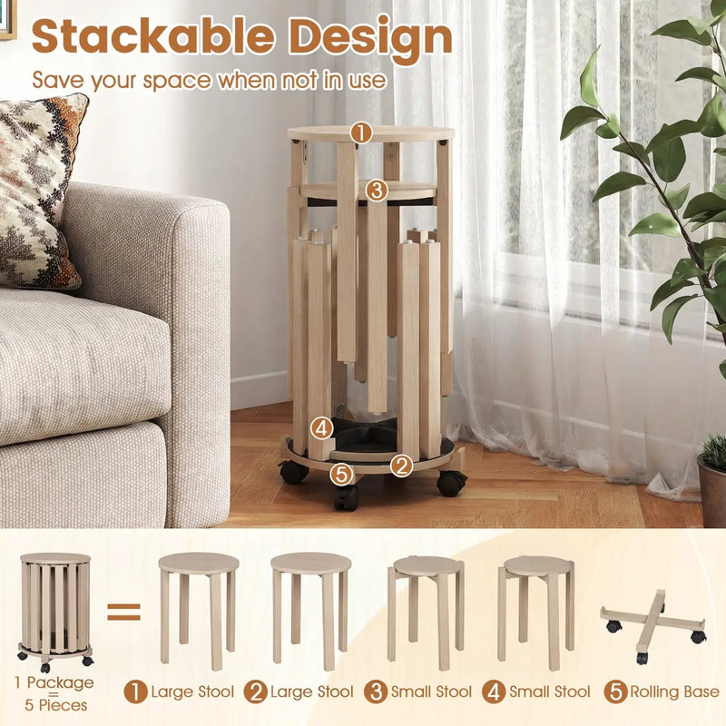 Round Portable Wood Nesting Stools with Locking Casters by DirectDeals