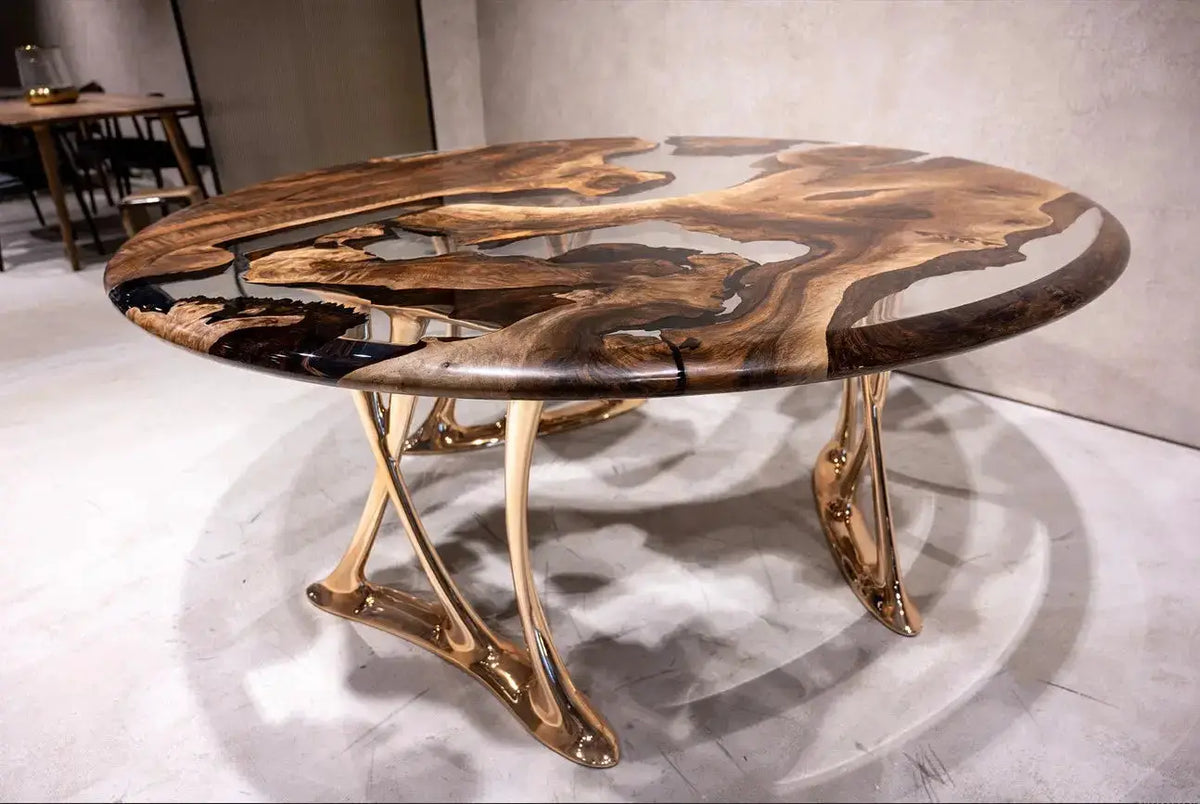Luxury Round Walnut Dining Table with Rose Gold Aluminum Legs, photo 3 of 5